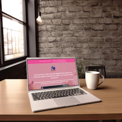 Imagem de um laptop ao lado de uma xícara de café com foto do site staging 0